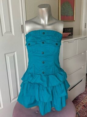 Y2K Body Central Teal Ruffle Strapless Mini Dress